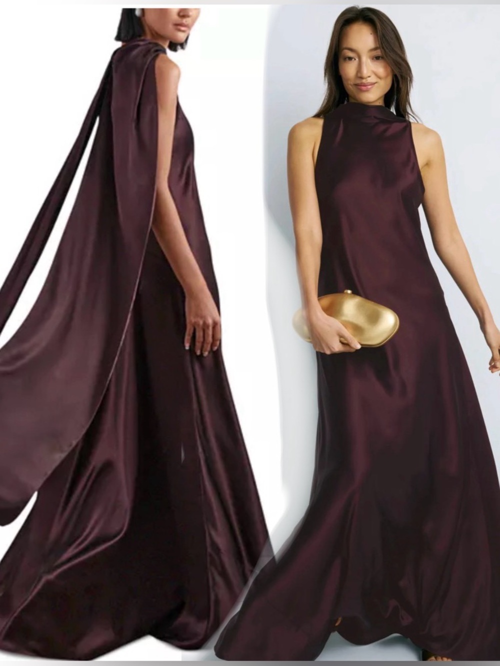 REISS Fae Satin Cape Maxi Dress Elegant Wine Satin Cape Gown size 6.